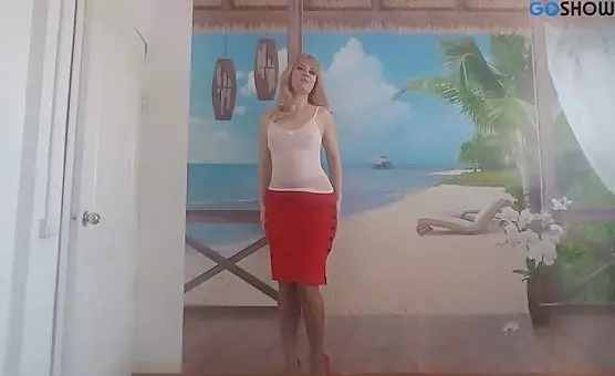Teasing Milf in Red Skirt Tan Stockings