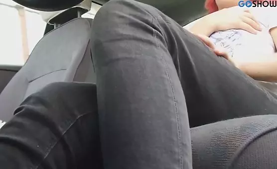 Girl in heels pleasures herself in the backseat
