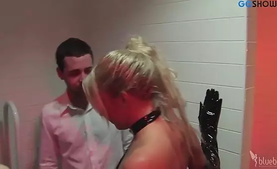 Kinky Blonde Pleasures Cock with Bottle, Guys Masturbate Beside Her
